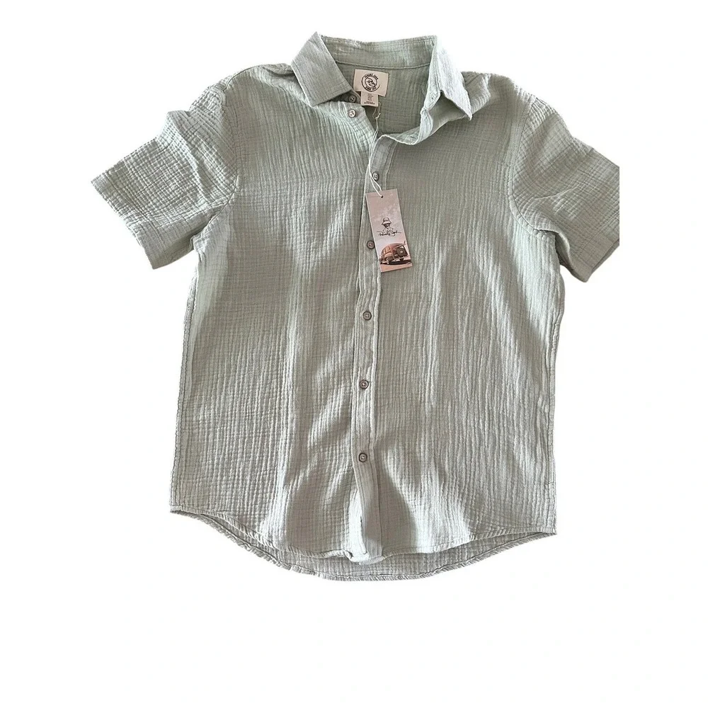 Panama Jack Mens Green Cotton Double Gauze Short Sleeve Button Down Shirt Small